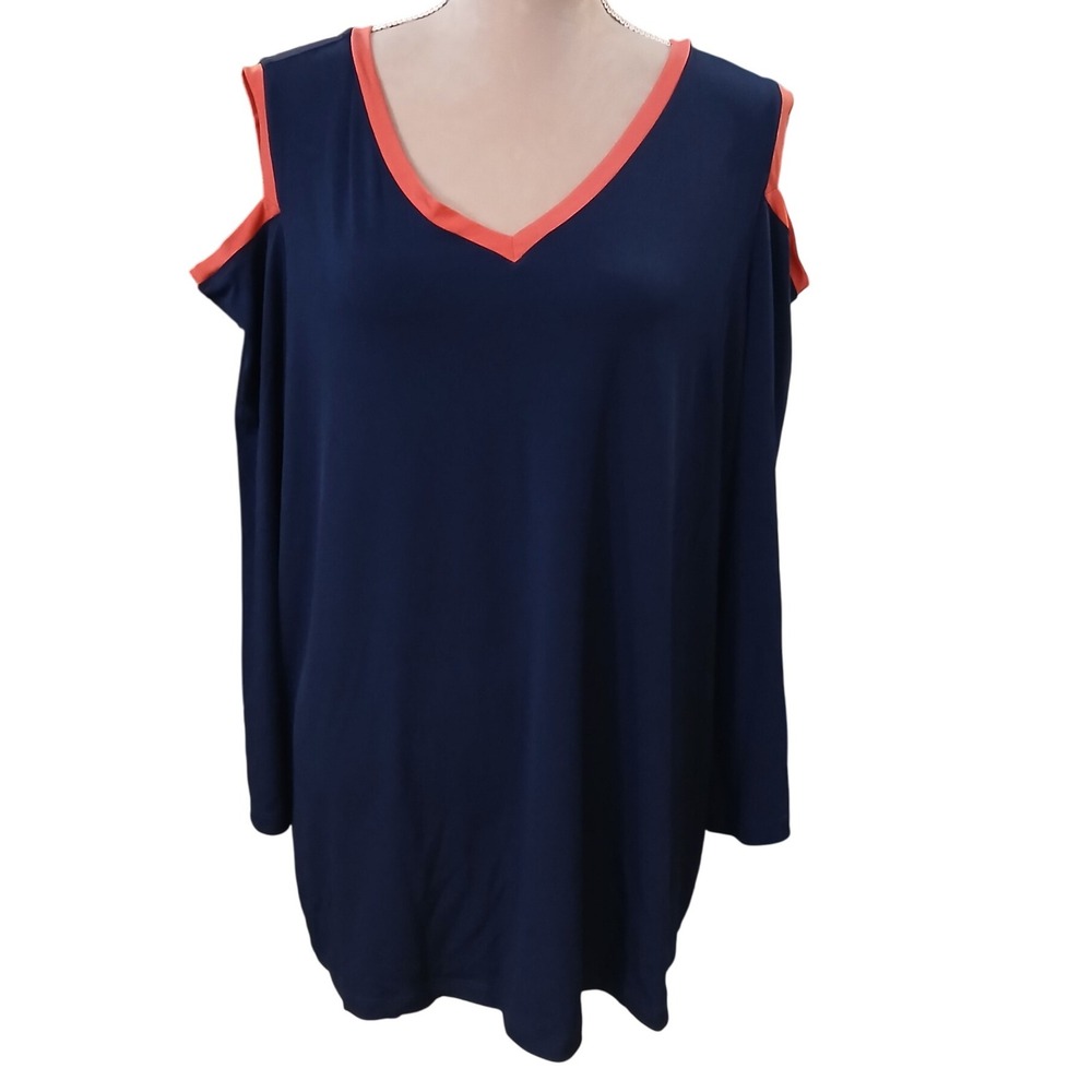 Susan Graver Liquid Knit Cold Shoulder V Neck Tunic Top Navy Coral Plus Size 2X